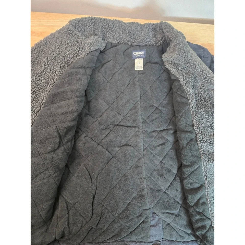 OshKosh B'gosh Boys Grey Sherpa Collar Double Breasted Peacoat Jacket Size 10